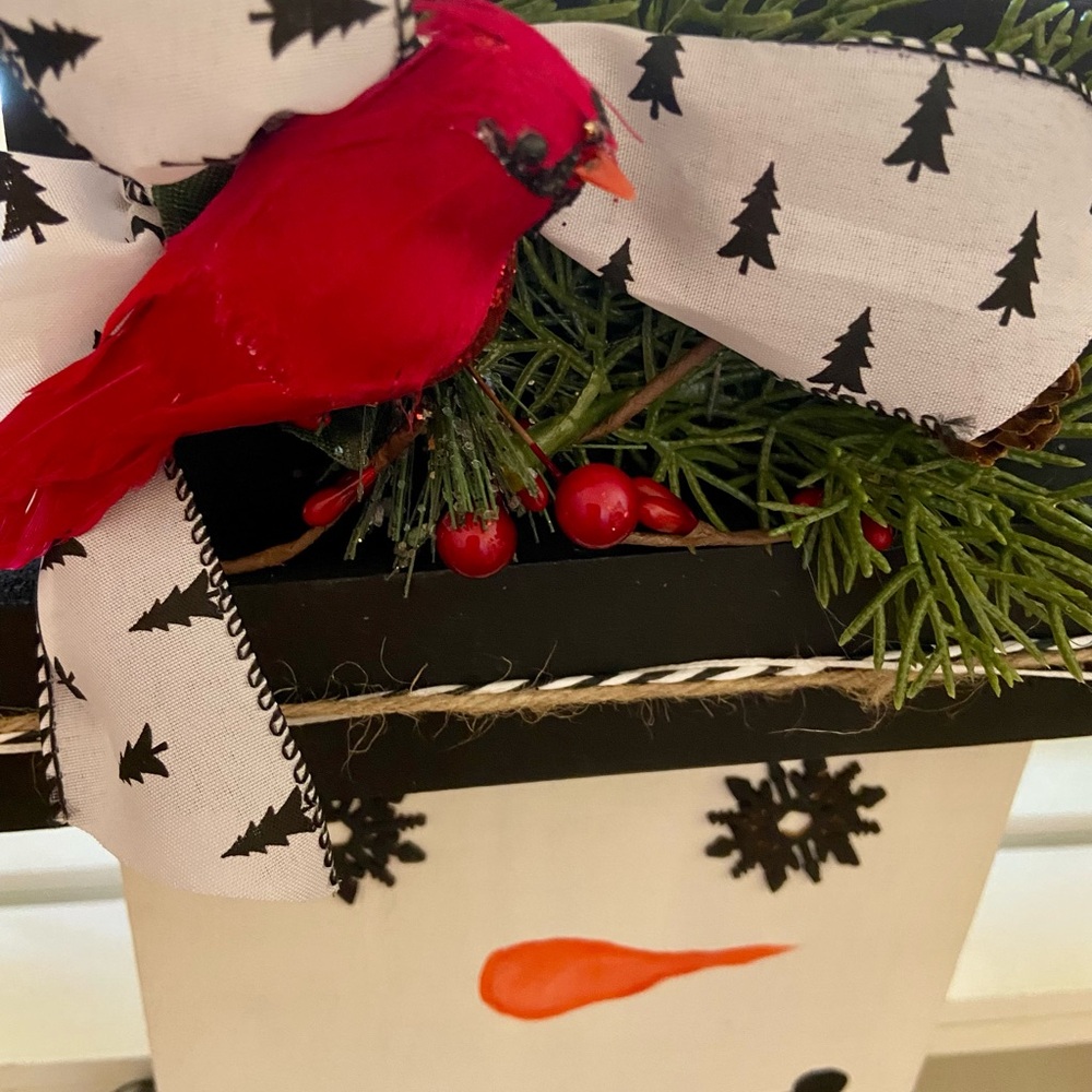 Snowman & Cardinal Wall Decor with Black Hat and Red Accents